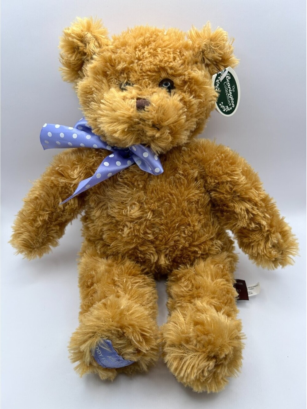 The Bearington Collection Teddy Bear Baby Wuggles Tan Polka Dot Ear Tag Bow